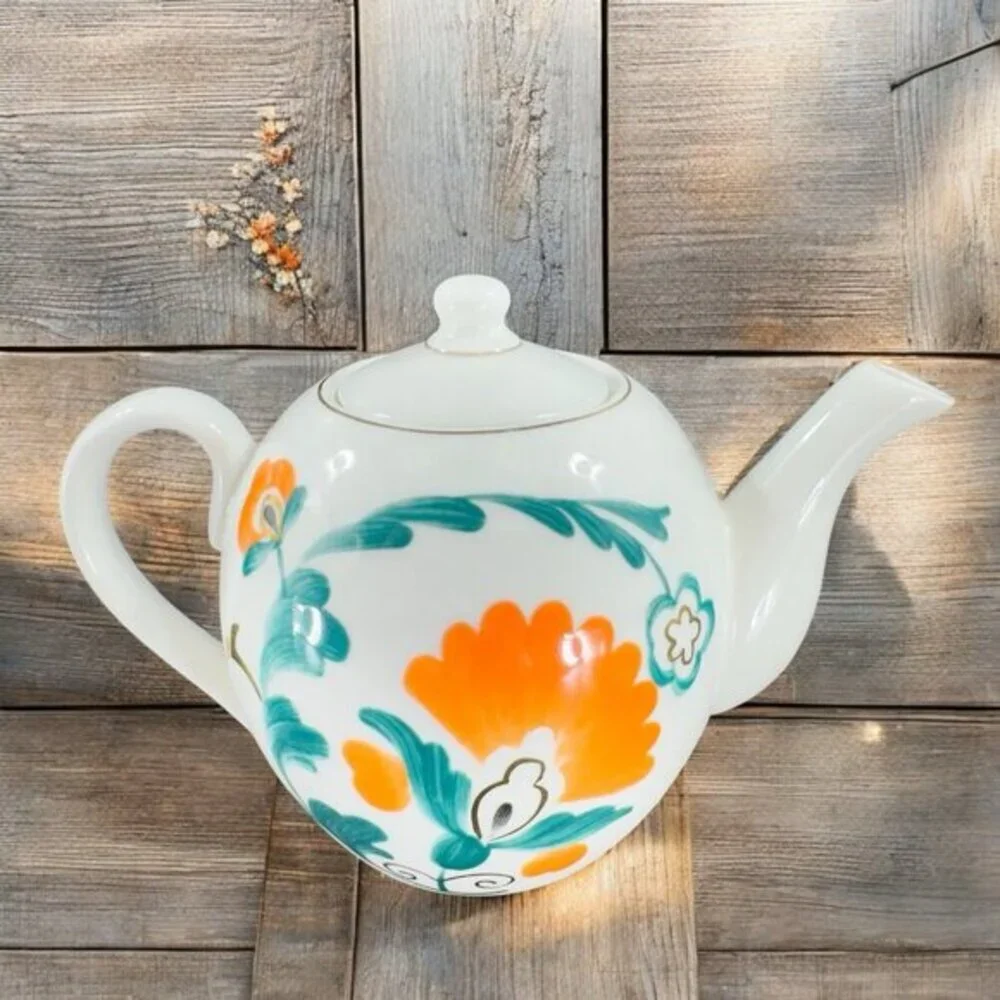 Anthropologie Stoneware‎ Ceramic Teapot Carafe Tea Pot With Green Orange Flowers